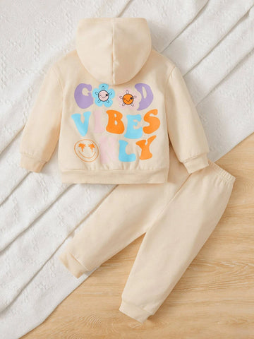 Baby Cartoon Face & Floral Print Hoodie & Sweatpants