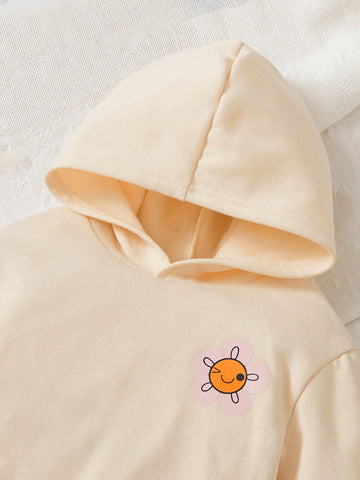 Baby Cartoon Face & Floral Print Hoodie & Sweatpants