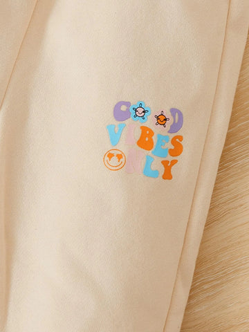 Baby Cartoon Face & Floral Print Hoodie & Sweatpants