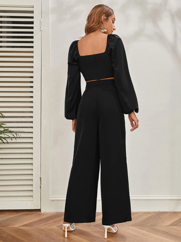 Lantern Sleeve Shirred Back Crop Top & Pants Set