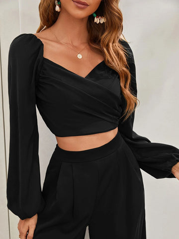Lantern Sleeve Shirred Back Crop Top & Pants Set