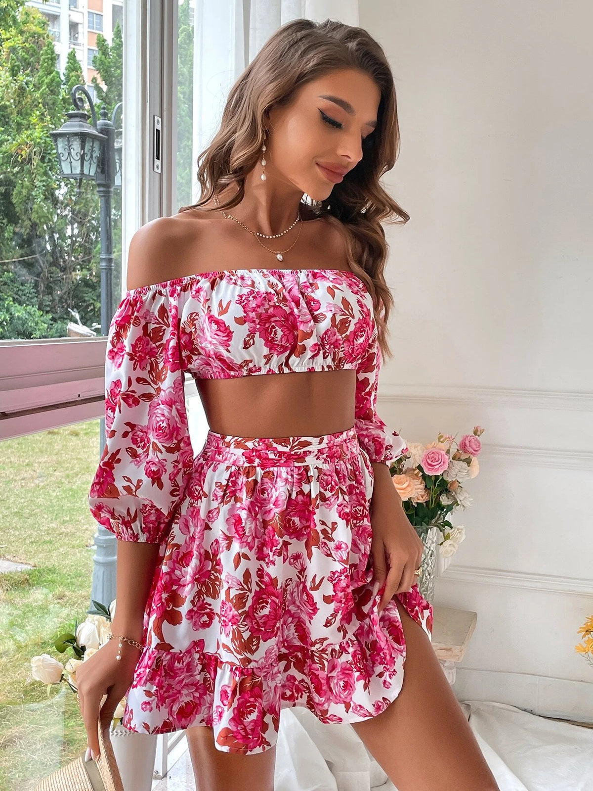 VCAY Floral Print Off Shoulder Lantern Sleeve Crop Top & Ruffle Hem Skirt