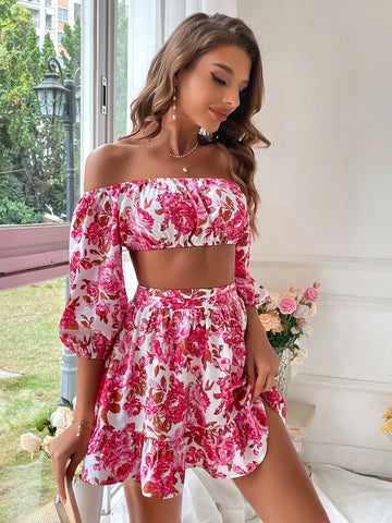 VCAY Floral Print Off Shoulder Lantern Sleeve Crop Top & Ruffle Hem Skirt