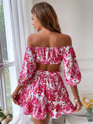 VCAY Floral Print Off Shoulder Lantern Sleeve Crop Top & Ruffle Hem Skirt