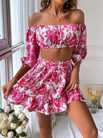 VCAY Floral Print Off Shoulder Lantern Sleeve Crop Top & Ruffle Hem Skirt