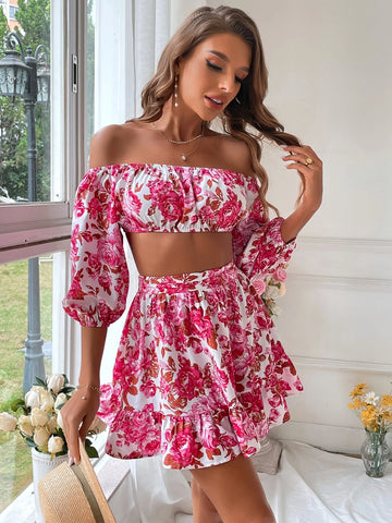 VCAY Floral Print Off Shoulder Lantern Sleeve Crop Top & Ruffle Hem Skirt