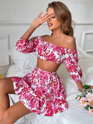 VCAY Floral Print Off Shoulder Lantern Sleeve Crop Top & Ruffle Hem Skirt