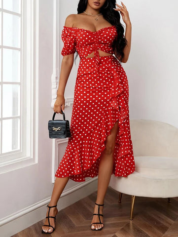 Polka Dot Off Shoulder Drawstring Crop Top & Ruffle Asymmetrical Hem Skirt