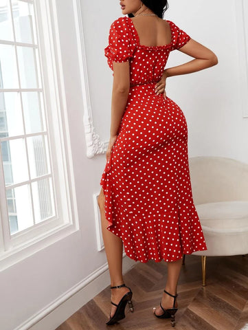 Polka Dot Off Shoulder Drawstring Crop Top & Ruffle Asymmetrical Hem Skirt