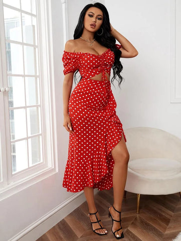 Polka Dot Off Shoulder Drawstring Crop Top & Ruffle Asymmetrical Hem Skirt