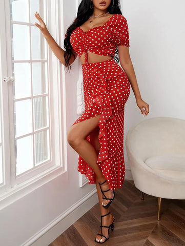 Polka Dot Off Shoulder Drawstring Crop Top & Ruffle Asymmetrical Hem Skirt