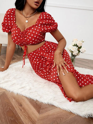 Polka Dot Off Shoulder Drawstring Crop Top & Ruffle Asymmetrical Hem Skirt