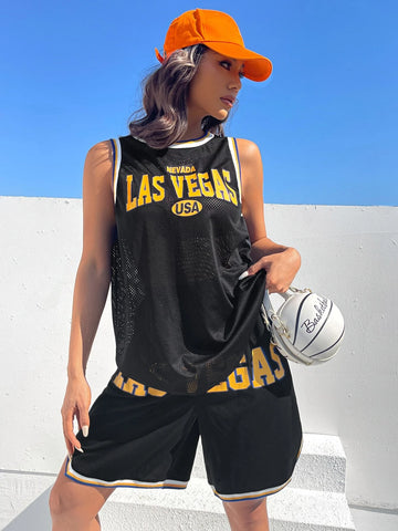 EZwear Letter Graphic Contrast Trim Tank Top & Shorts