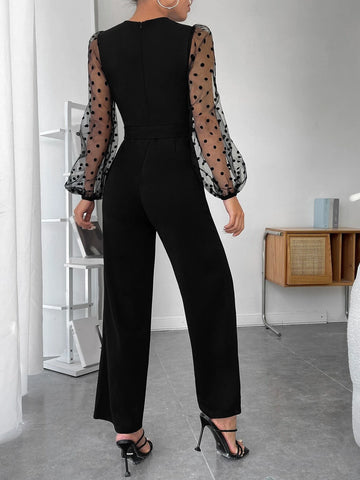 PETITE Contrast Dobby Mesh Lantern Sleeve Belted Jumpsuit