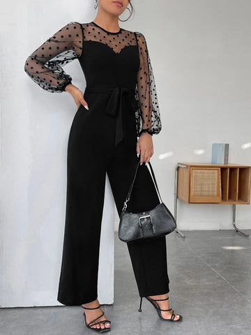 PETITE Contrast Dobby Mesh Lantern Sleeve Belted Jumpsuit