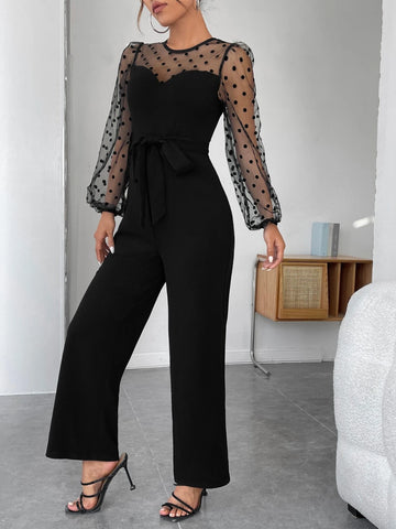 PETITE Contrast Dobby Mesh Lantern Sleeve Belted Jumpsuit