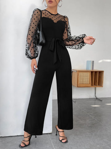 PETITE Contrast Dobby Mesh Lantern Sleeve Belted Jumpsuit