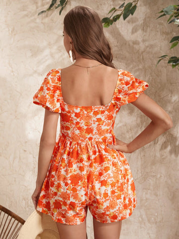 VCAY Floral Print Sweetheart Neck Puff Sleeve Romper
