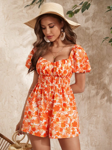 VCAY Floral Print Sweetheart Neck Puff Sleeve Romper