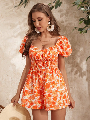 VCAY Floral Print Sweetheart Neck Puff Sleeve Romper