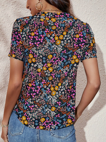 EMERY ROSE Floral Print Notched Neck Blouse