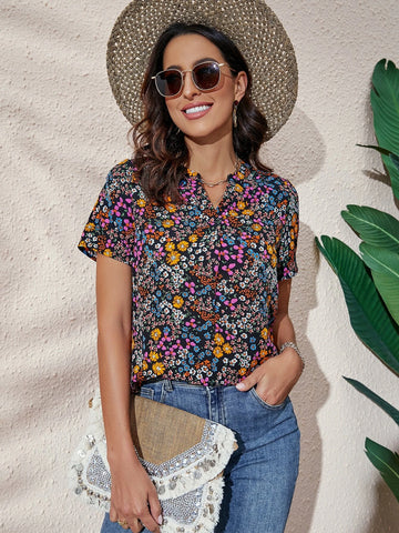EMERY ROSE Floral Print Notched Neck Blouse
