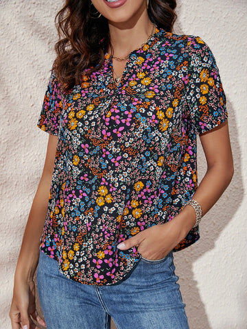 EMERY ROSE Floral Print Notched Neck Blouse