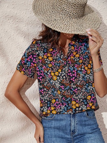 EMERY ROSE Floral Print Notched Neck Blouse
