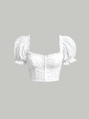 MOD Eyelet Embroidery Puff Sleeve Frill Trim Crop Blouse
