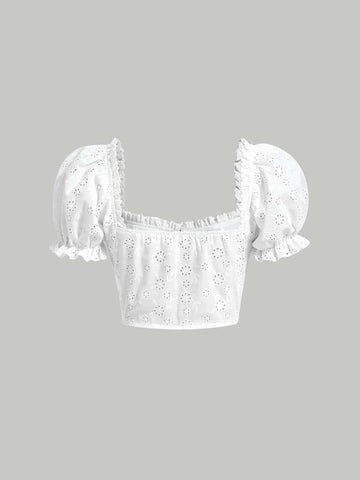 MOD Eyelet Embroidery Puff Sleeve Frill Trim Crop Blouse