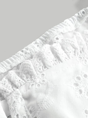 MOD Eyelet Embroidery Puff Sleeve Frill Trim Crop Blouse