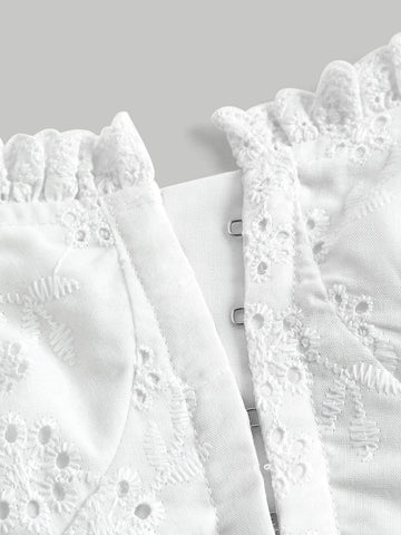 MOD Eyelet Embroidery Puff Sleeve Frill Trim Crop Blouse