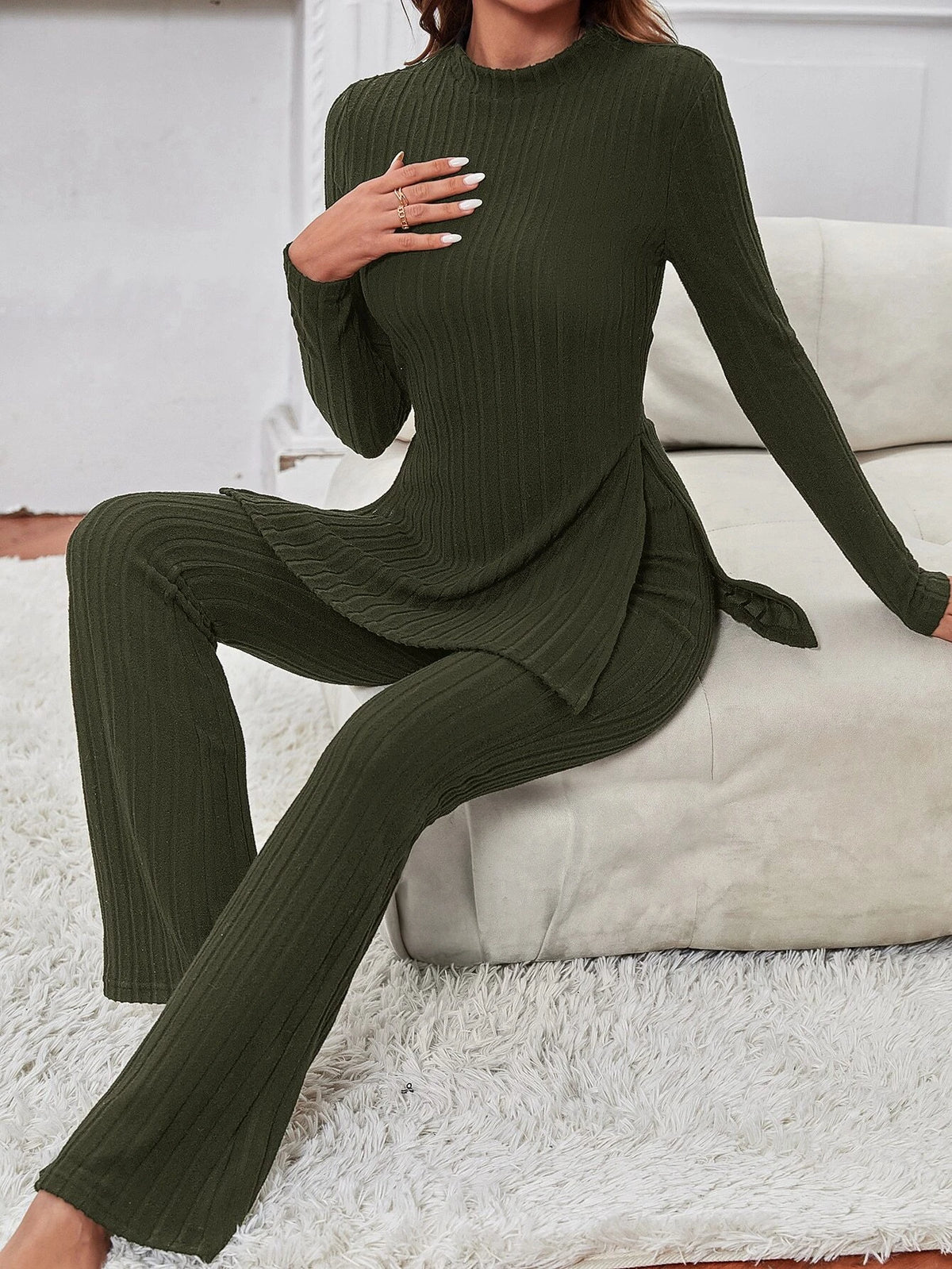 Mock Neck Split Hem Tee & Flare Leg Pants