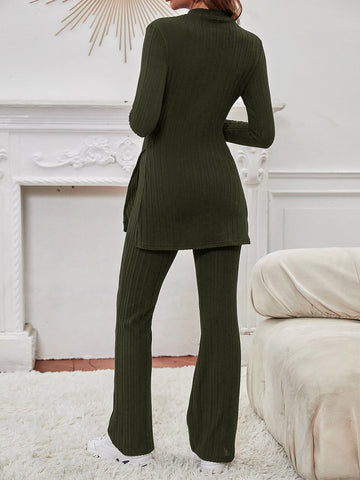 Mock Neck Split Hem Tee & Flare Leg Pants