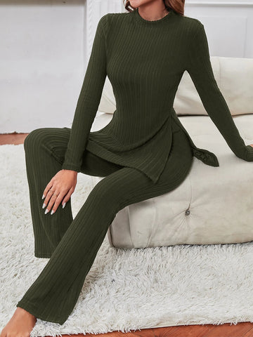 Mock Neck Split Hem Tee & Flare Leg Pants