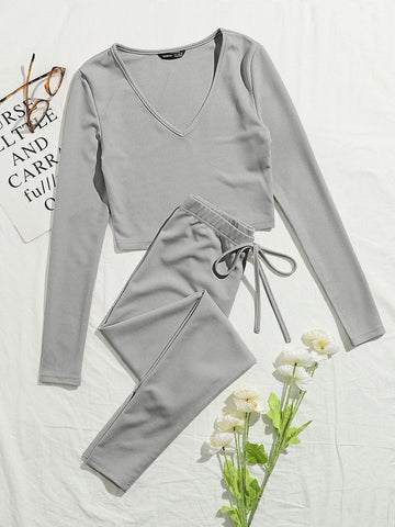 V-neck Rib-knit Solid Tee and Knotted Waist Leggings Set