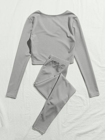 V-neck Rib-knit Solid Tee and Knotted Waist Leggings Set