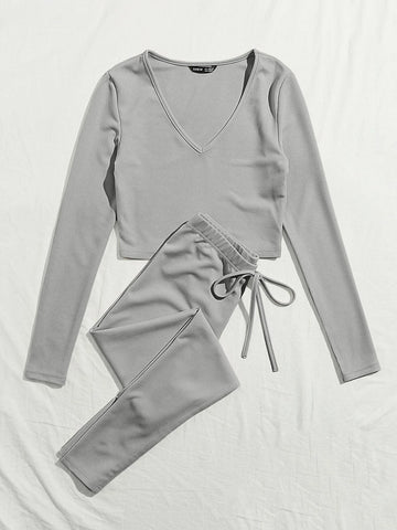 V-neck Rib-knit Solid Tee and Knotted Waist Leggings Set