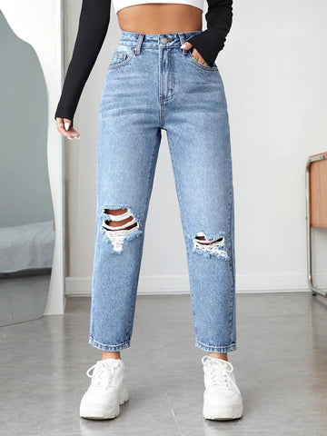 PETITE High Waist Ripped Mom Fit Jeans
