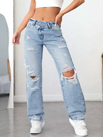 PETITE Ripped Cut Out Straight Leg Jeans