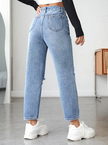PETITE High Waist Ripped Mom Fit Jeans