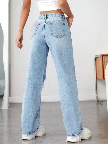 PETITE Ripped Cut Out Straight Leg Jeans