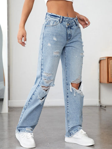 PETITE Ripped Cut Out Straight Leg Jeans