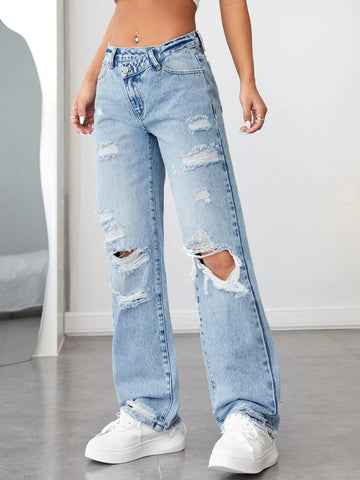 PETITE Ripped Cut Out Straight Leg Jeans