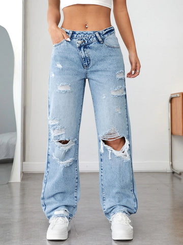 PETITE Ripped Cut Out Straight Leg Jeans