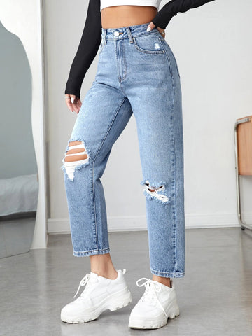 PETITE High Waist Ripped Mom Fit Jeans