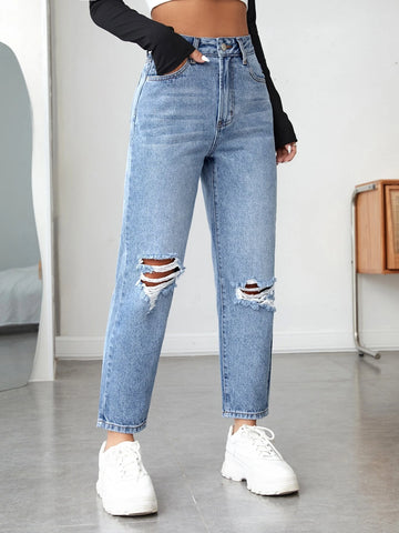 PETITE High Waist Ripped Mom Fit Jeans