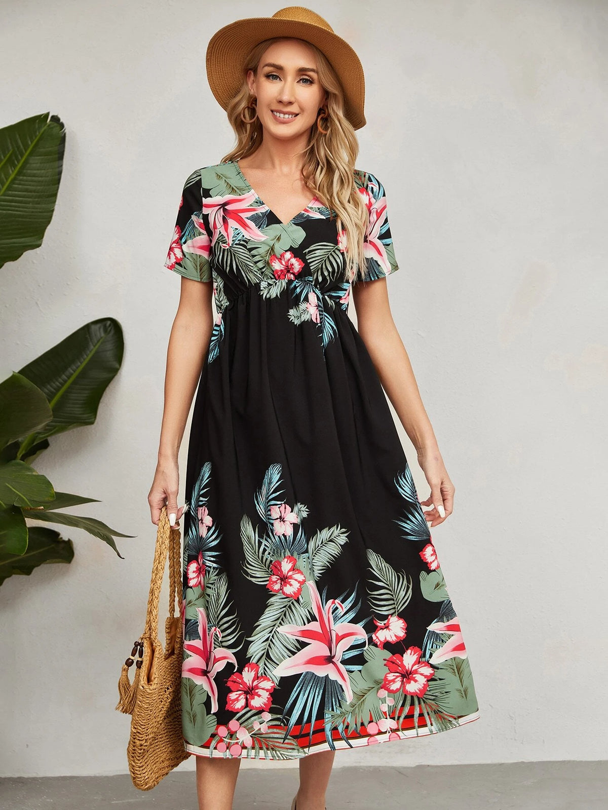 EMERY ROSE Tropical Print Surplice Neck A-line Dress