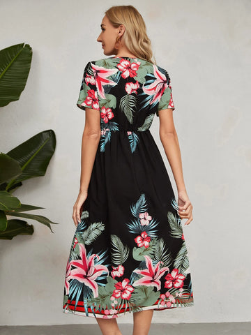 EMERY ROSE Tropical Print Surplice Neck A-line Dress