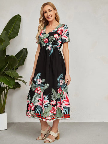 EMERY ROSE Tropical Print Surplice Neck A-line Dress